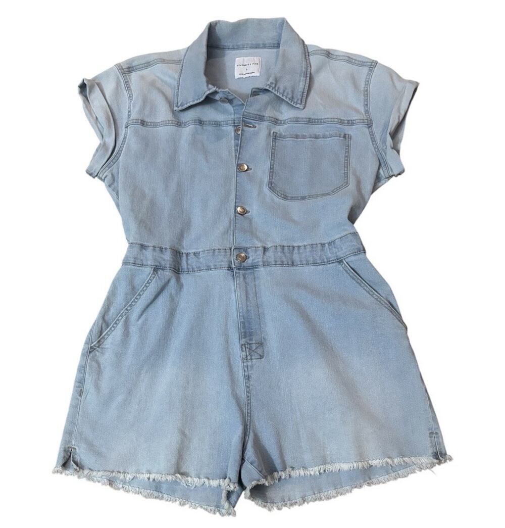 Celebrity Pink Light Wash Denim Short Sleeve Romper Sz L Boho Y2K Western